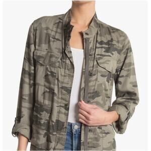 Sanctuary NWOT Utility Camo Military Jacket Fringe Raw Hem Shacket Lyocell L